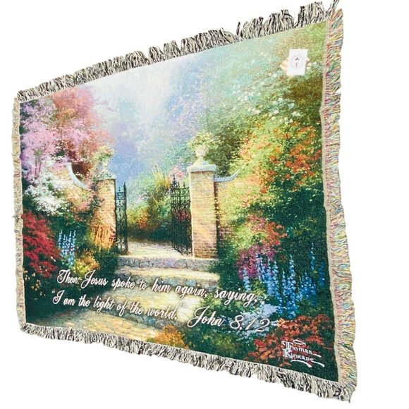 Thomas Kinkade Victorian Garden Tapestry Afghan Throw with John 8:12 Verse - Picture 1 of 2